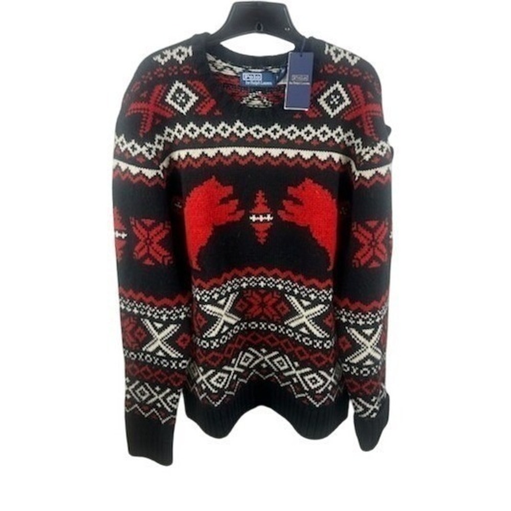 NEW Polo Ralph Lauren Sweater Men's Size XL Black Red 100% Wool Polar Bear